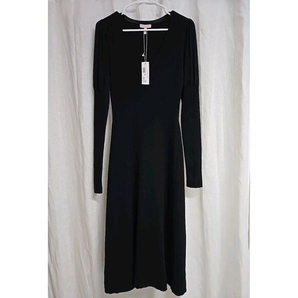 REBECCA TAYLOR Ribbed Knit V-Neck Puff Sleeves Midi Dress Stretch Black Size S - Picture 2 of 13